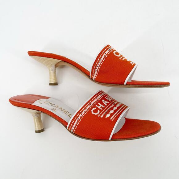 Chanel Vintage Orange Canvas Embroidered Kitten Heel Mule Slide Sandal EU 39 - Picture 3 of 13